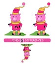Find differences between pictures. Vector cartoon educational game. Cute pig.